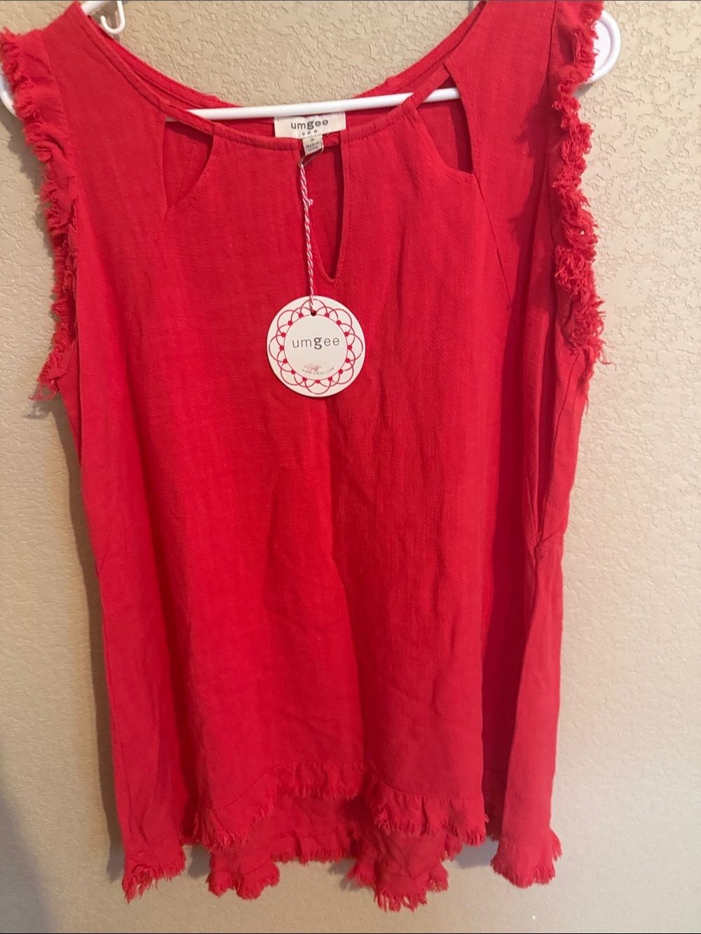 Umgee NWT Coral Linen Blend Natural Fabric Hi-Low Fringe Tank Top Oversize Beach